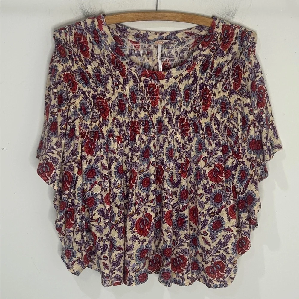 FREE PEOPLE Boho Multi-Color Floral Cropped Blouse Size Small